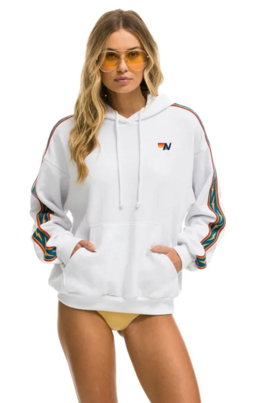 Aviator Nation Women’s Bolt Sleeve Stripe White Marble Hoodie Sweatshirt Small